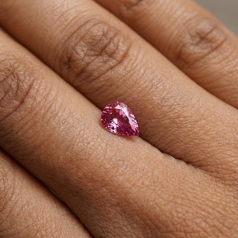 Morganite taille poire posée sur la main