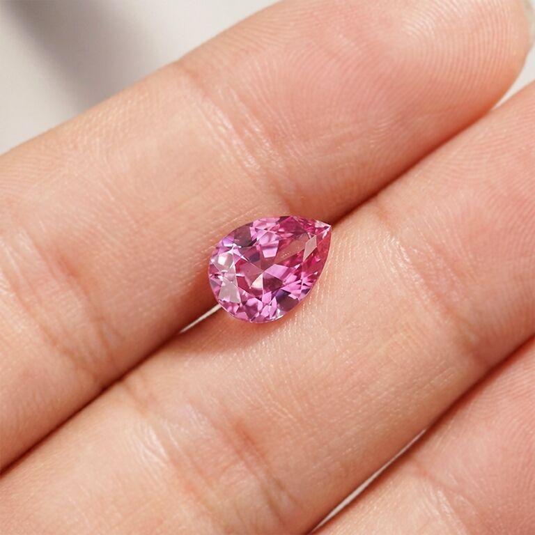 Spinelle rose taille poire posée sur la main