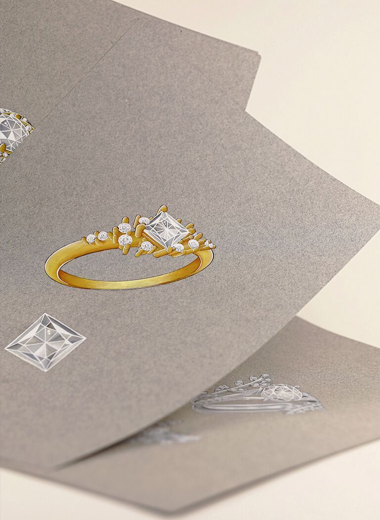 Réalisation d'un gouaché représentant notre bague Violeta en or jaune et diamant taille princesse