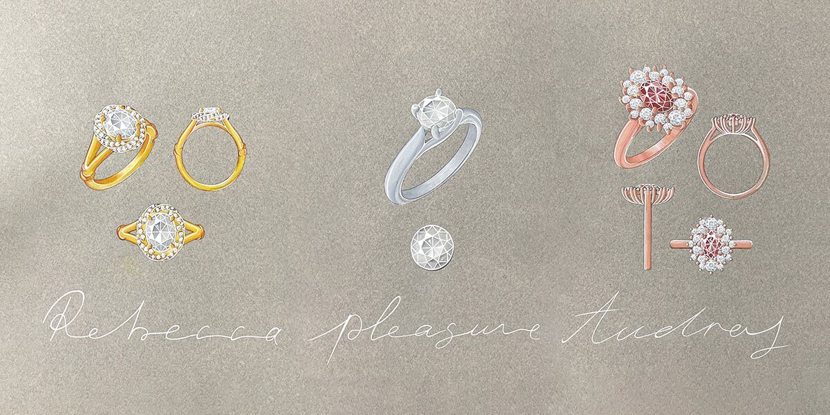 Nos bagues Rebecca en or jaune avec diamant, Pleasure en or blanc avec diamant, et Audrey en or rose avec diamant, réalisées en dessins gouachés