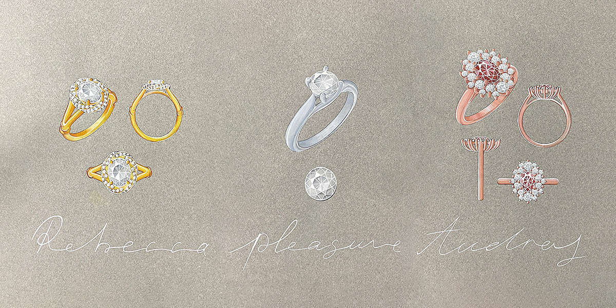 Nos bagues Rebecca en or jaune avec diamant, Pleasure en or blanc avec diamant, et Audrey en or rose avec diamant, réalisées en dessins gouachés
