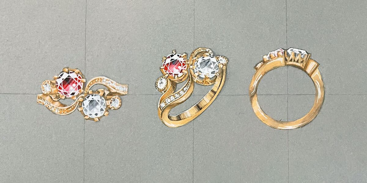 Réalisation d'un gouaché représentant notre bague Daisy en or jaune, rubis et diamant