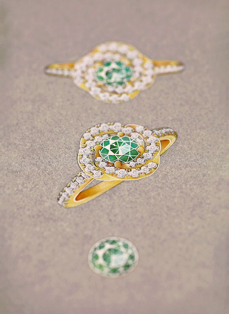 Réalisation d'un gouaché représentant notre bague Caprisca en or jaune et émeraude