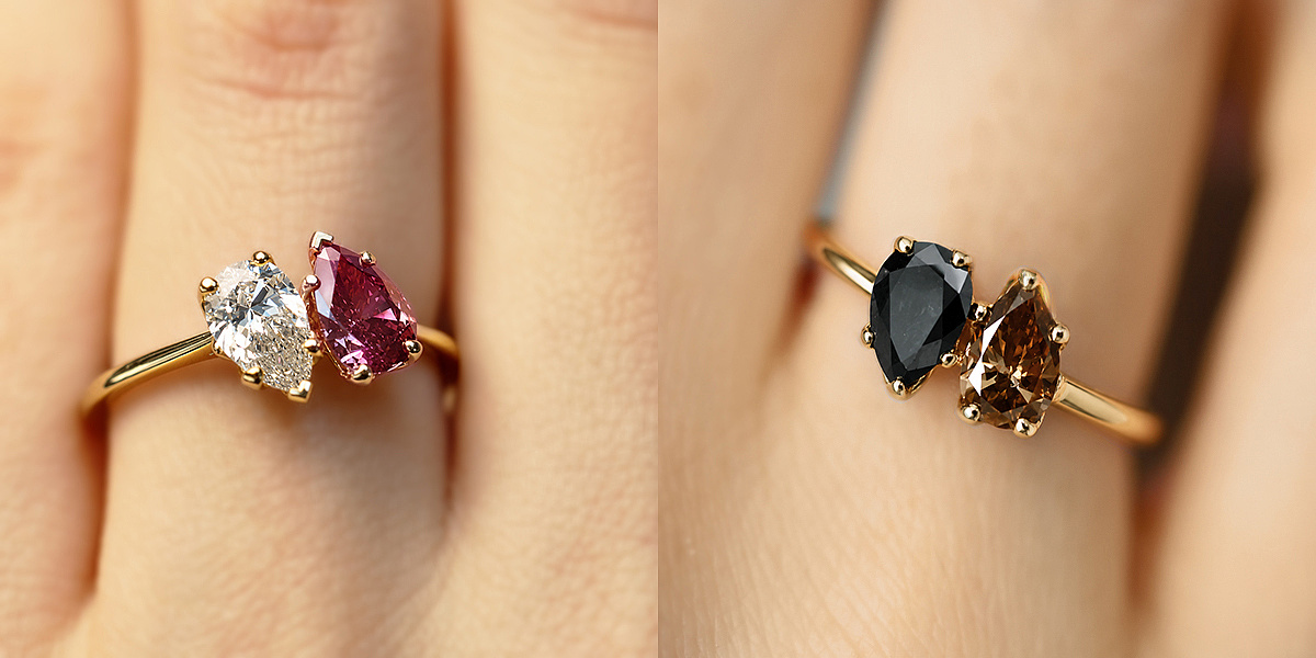 Présentation de deux configurations possible de la bague Toi & Moi sertie de diamants taillés en poire