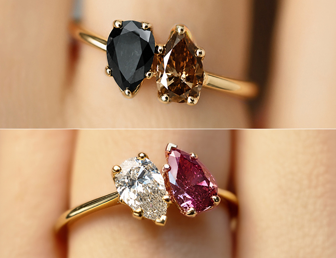 Présentation de deux configurations possible de la bague Toi & Moi sertie de diamants taillés en poire